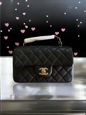 💞CHANEL BLACK CAVIAR Rectangular Mini Single Flap Aged Gold-Tone Hardware RARE!